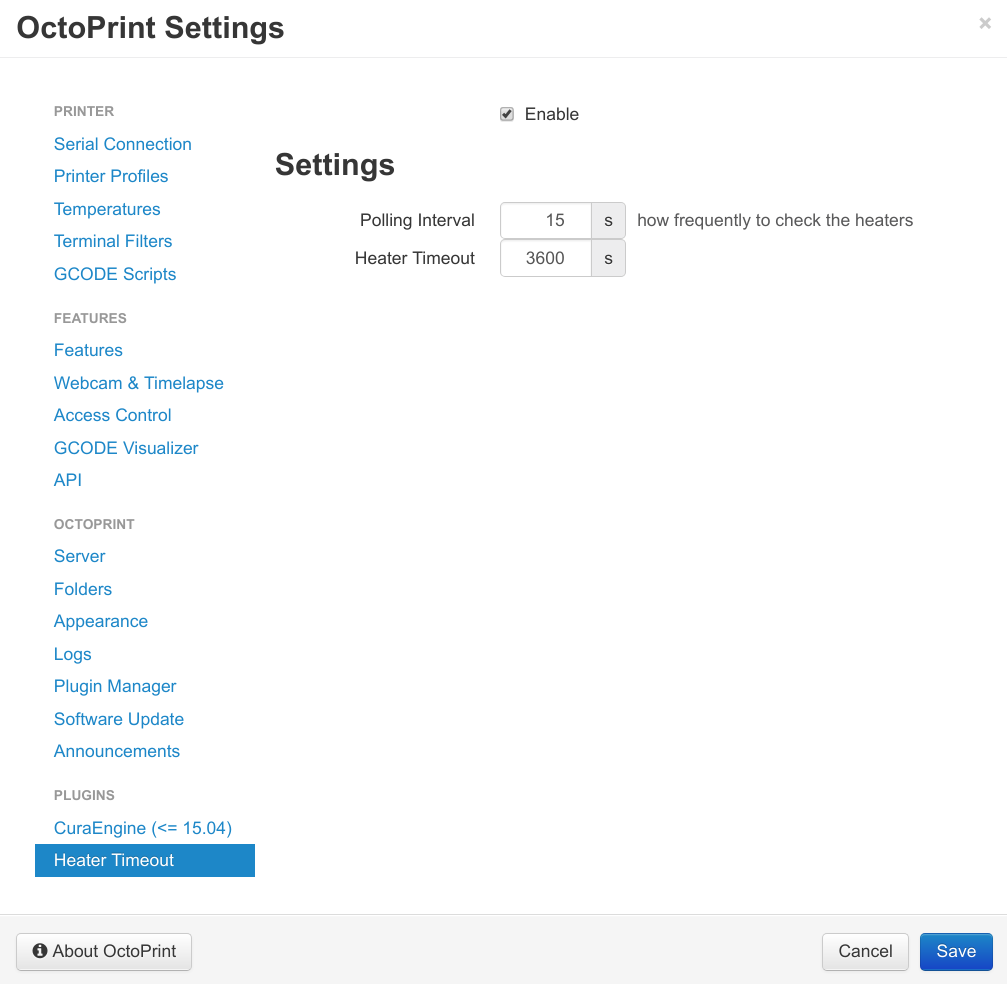 Configure HeaterTimeout Configuration Screen