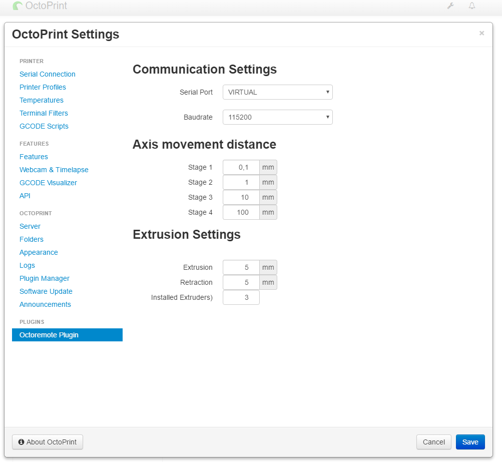 Screenshot of the OctoRemote settings page