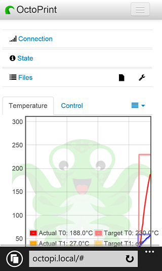 OctoPrint in a single column view Single column view