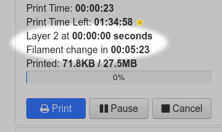 Screenshot of TimeToFilament showing the time until next filament change and the time until the next layer.
