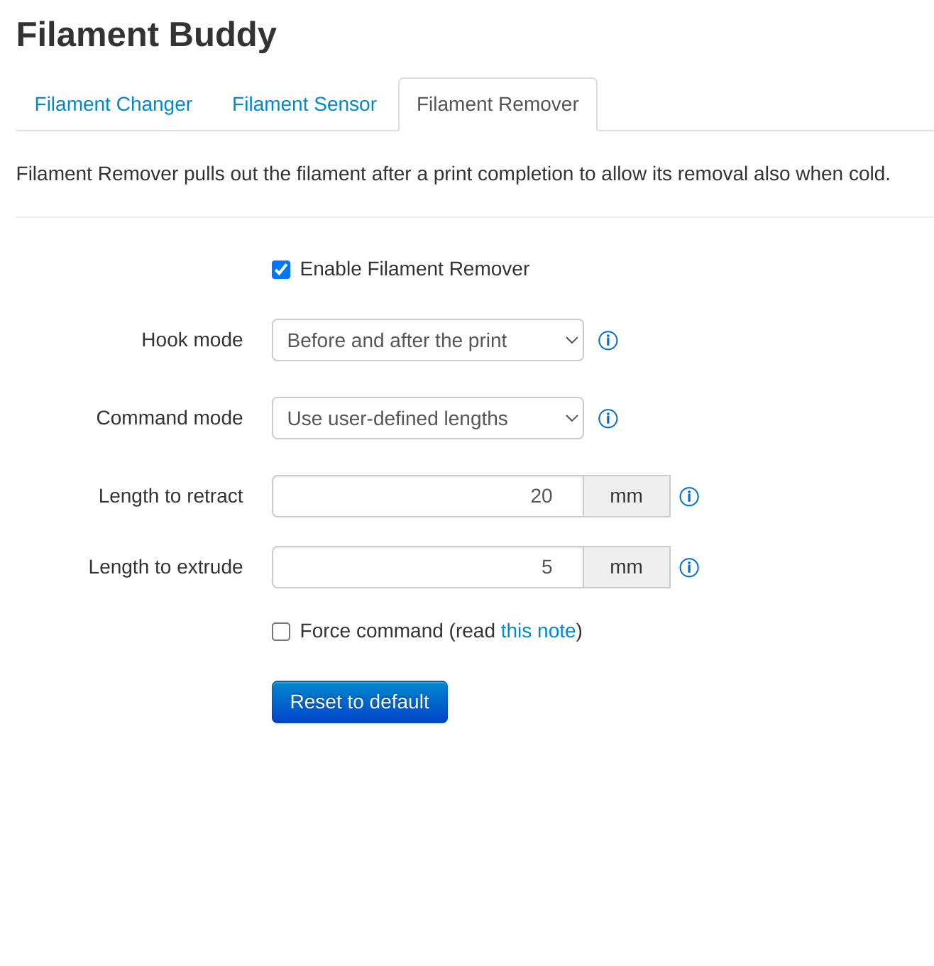 Filament Remover settings