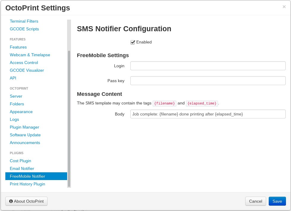 Settings dialog and SMS notification screenshot