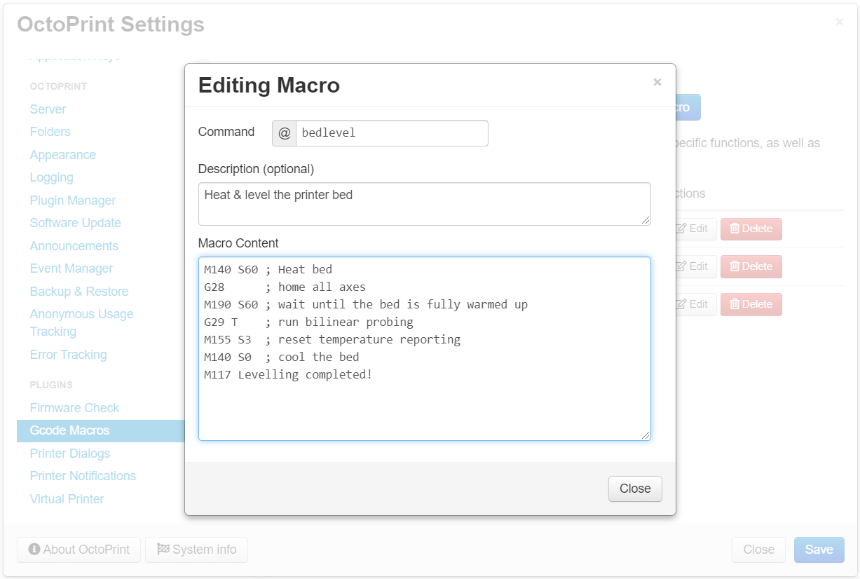 Screenshot of Gcode Macro Editor