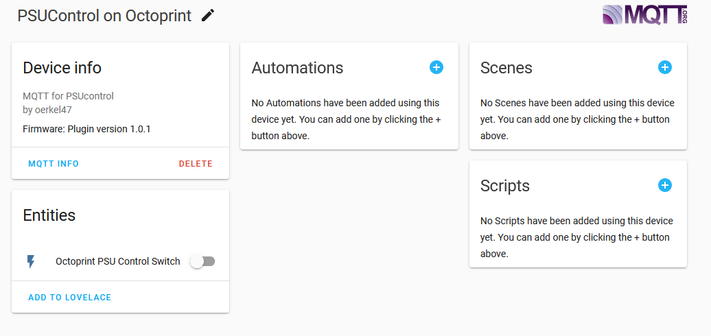 Screenshot of Home Assistant MQTT device page