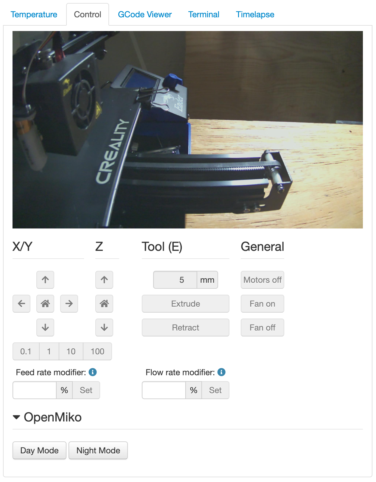 Control page of OctoPrint with OpenMiko plugin enabled