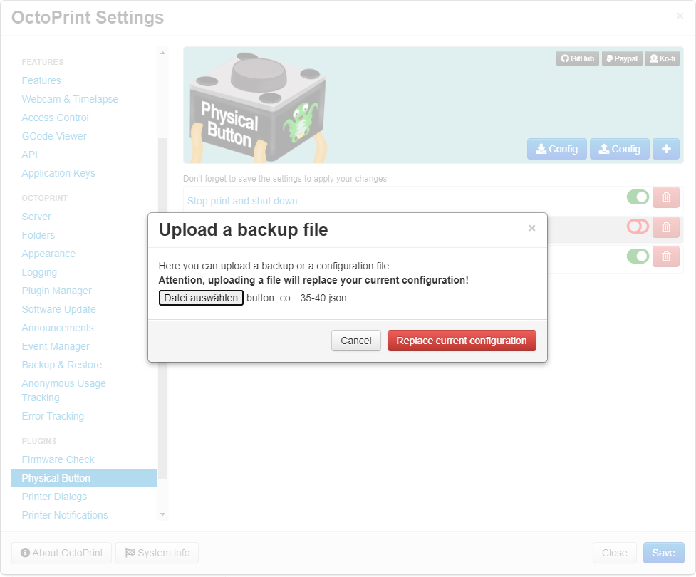 Image that shows a modal to upload a configuration/backup file.