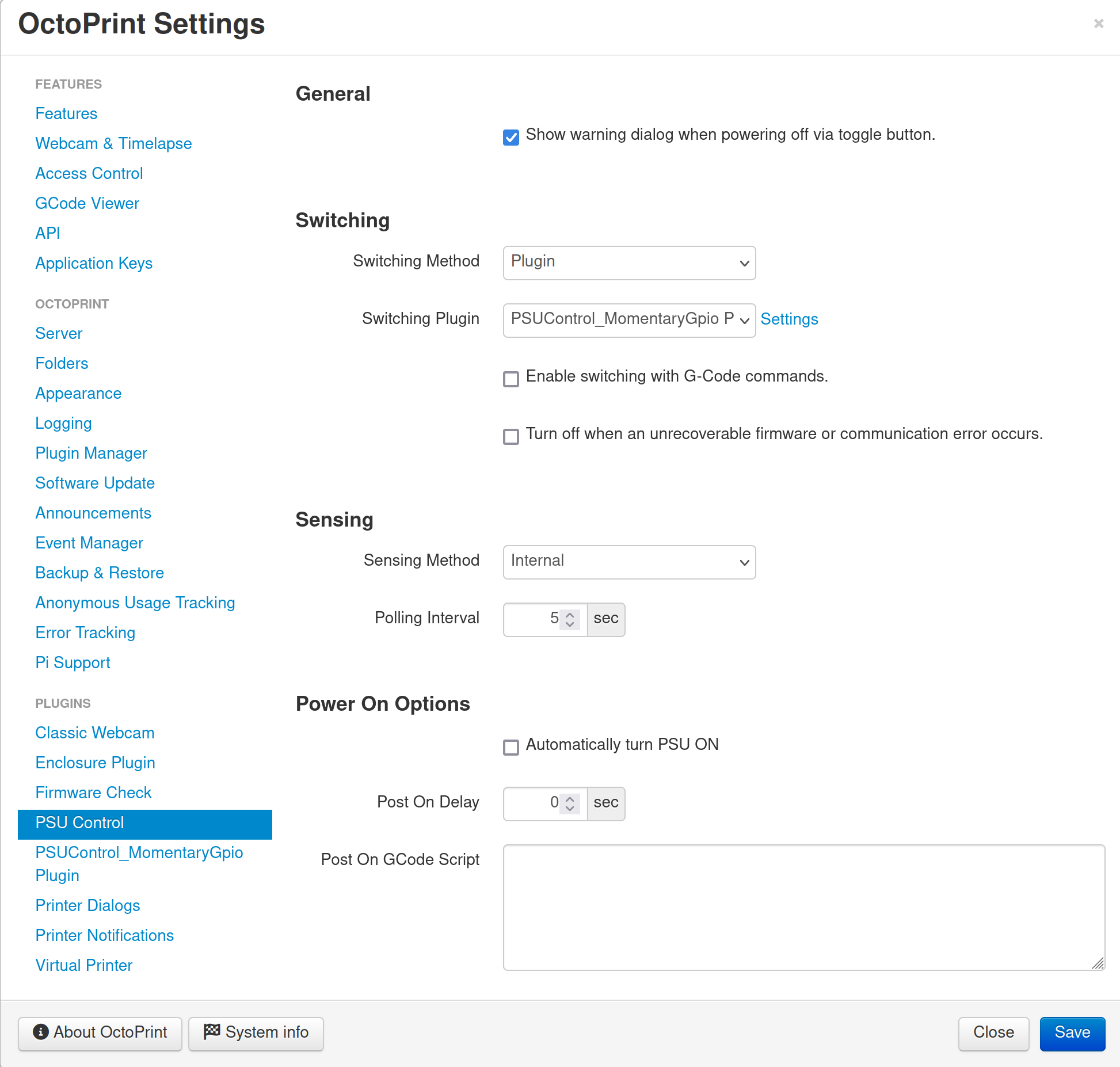 PSUControl settings plugin screenshot