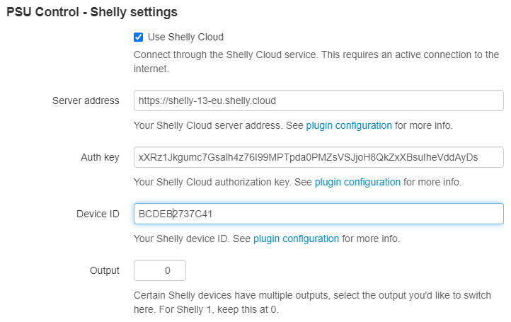 Plugin settings - using Shelly Cloud