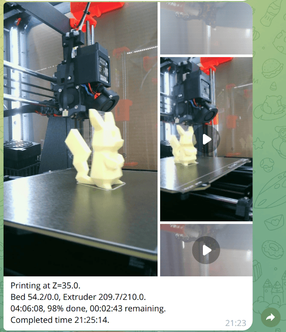 Example of a notification message containing photos, videos, and details of the print in progress Example of a notification message containing photos, videos, and details of the print in progress