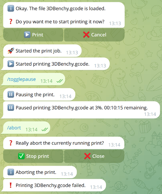 Example of commands to start, pause, and abort a print job Example of commands to start, pause, and abort a print job
